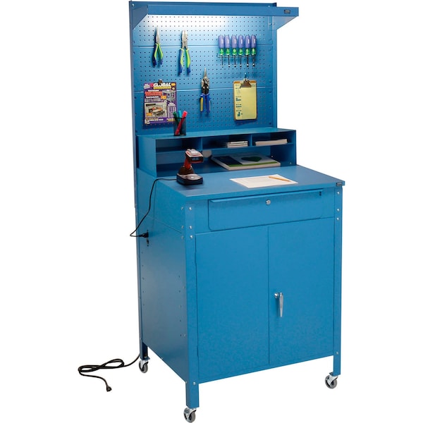 Global Industrial Mobile Cabinet Shop Desk w/ Pegboard & Top Shelf, 34-1/2inW x 30inD, Blue 249509CBL - main